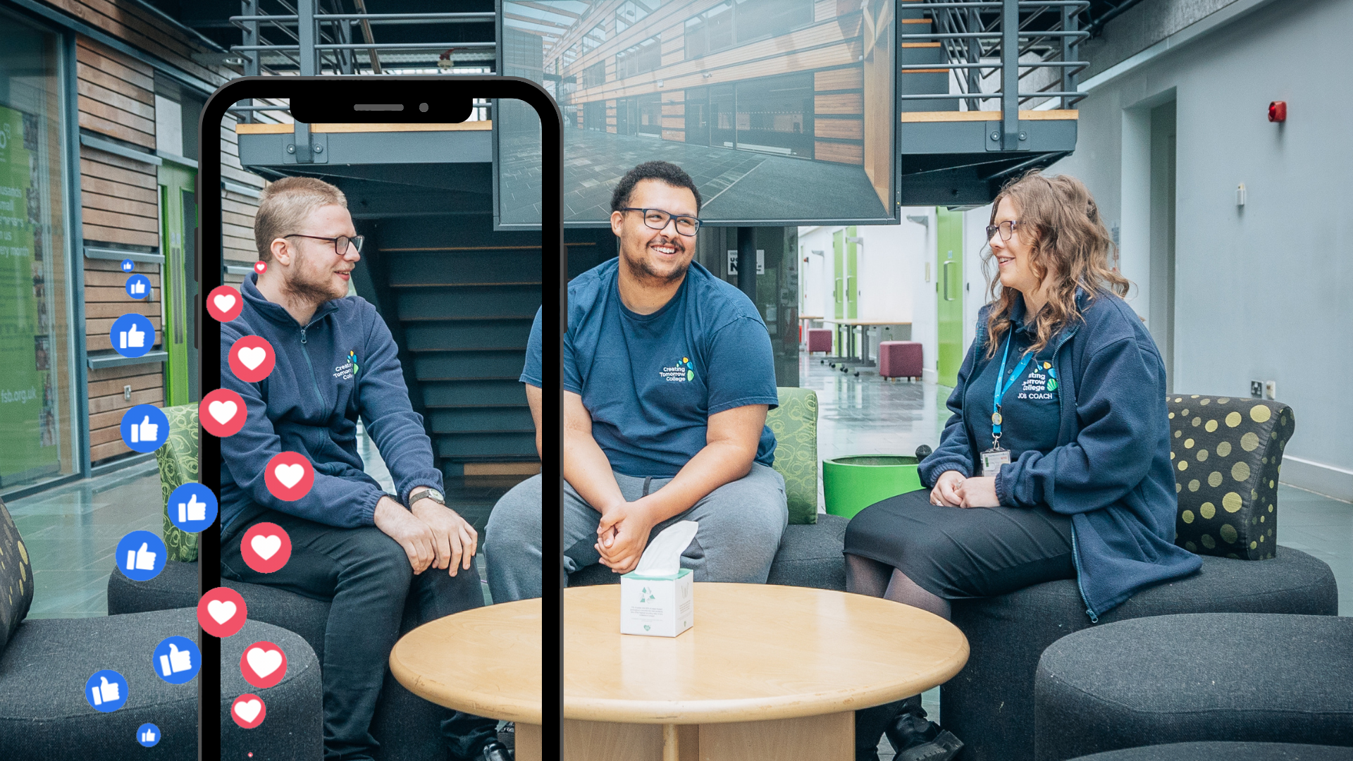 Creating Tomorrow College learners sitting on the sofas and laughing together