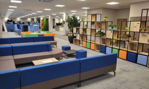 Comfy blue sofa seating at Lutterworth campus