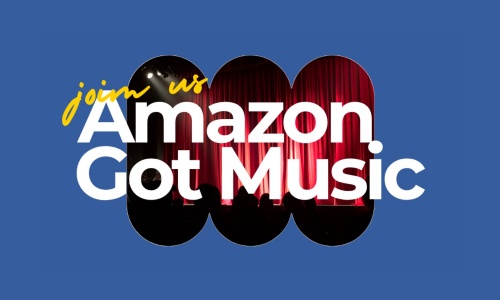 Graphic with "join us - Amazon Got Music" on a background of a stage